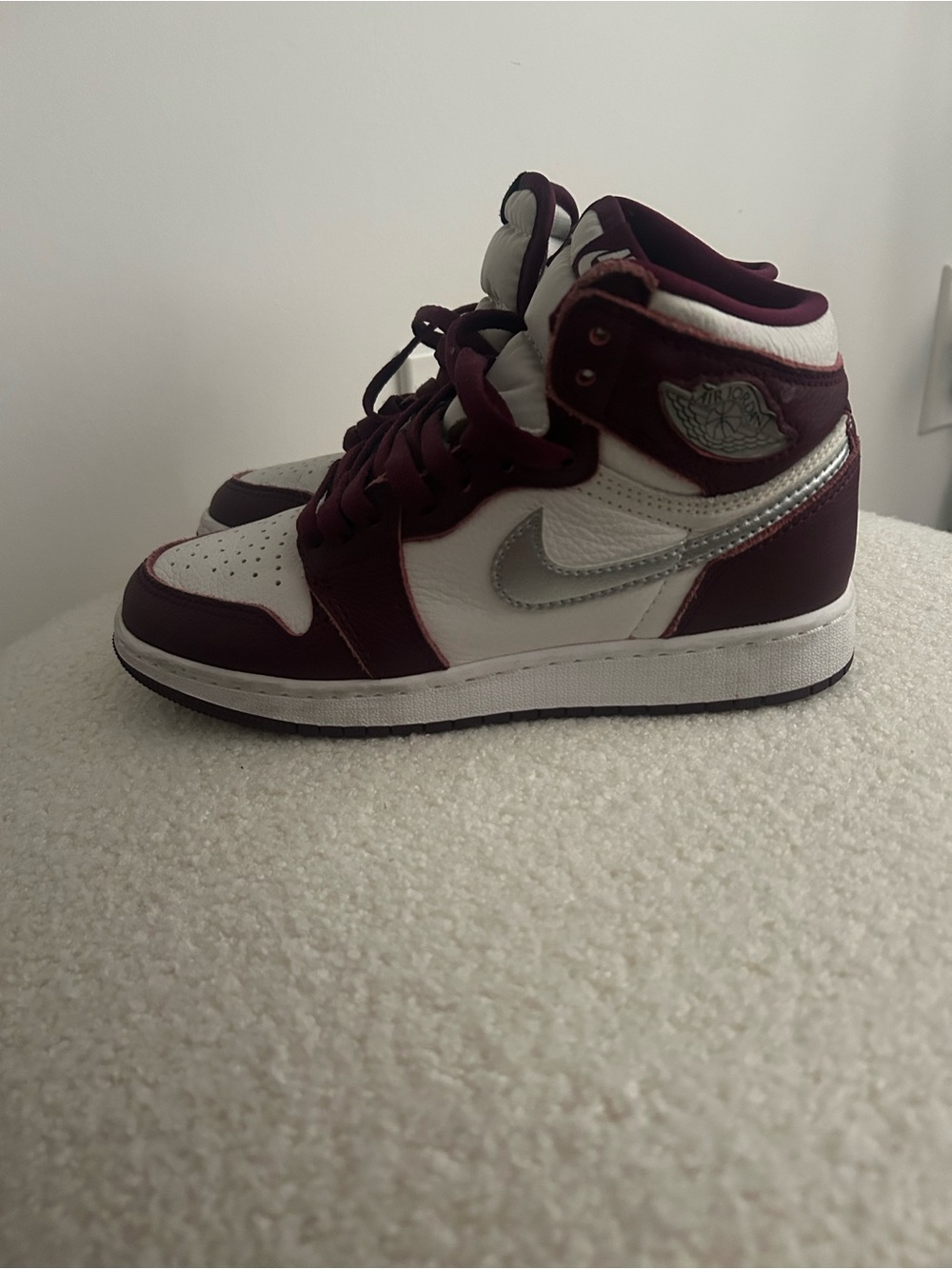 Jordan Kids High-Top Sneakers in White and Burgundy with Silver Swoosh
